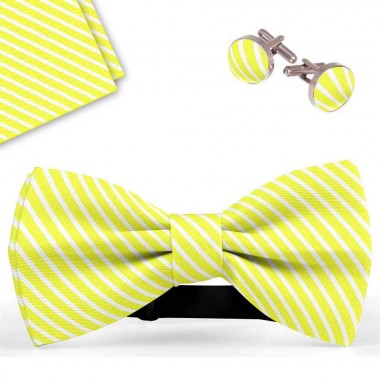 Set papion barbati, batista, butoni, galben, dungi albe subtiri